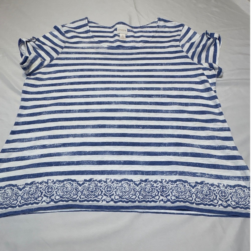 Chicos Blue White Striped Border Print Top Short Sleeve Size 2 L Large Nautical